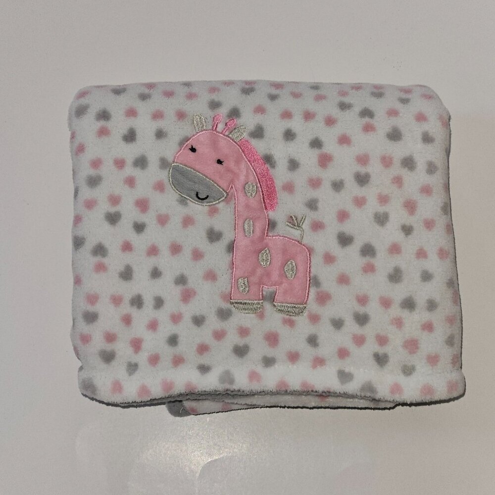 Forever Baby Giraffe Fleece Baby Blanket Pink Gray Hearts 29x38